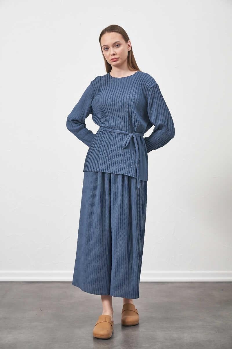 Mevra Pliseli Bluz Indigo