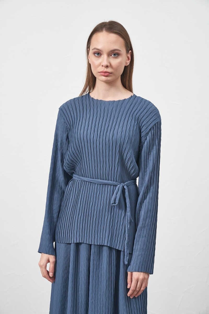 Mevra Pliseli Bluz Indigo görsel 3