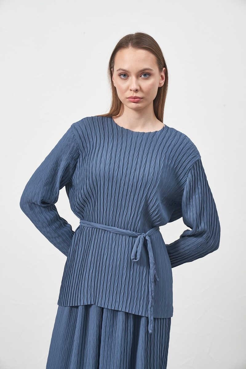 Mevra Pliseli Bluz Indigo görsel 4