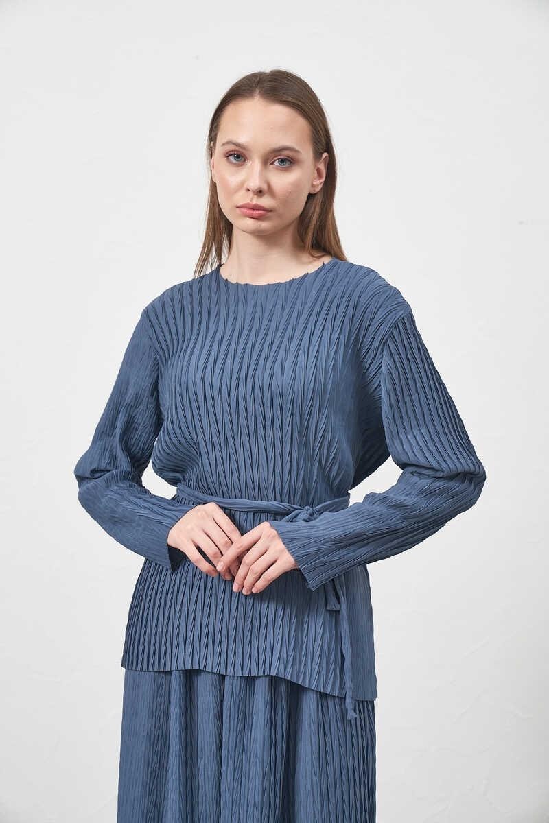 Mevra Pliseli Bluz Indigo görsel 5