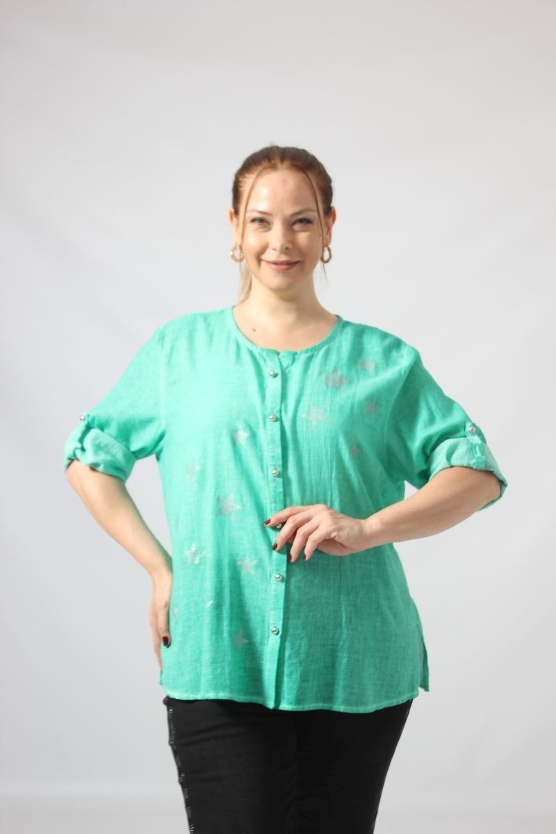 Moda Berray 3294 Yıldız Baskılı Organik Keten Kumaş Mevsimlik Gömlek görsel 6