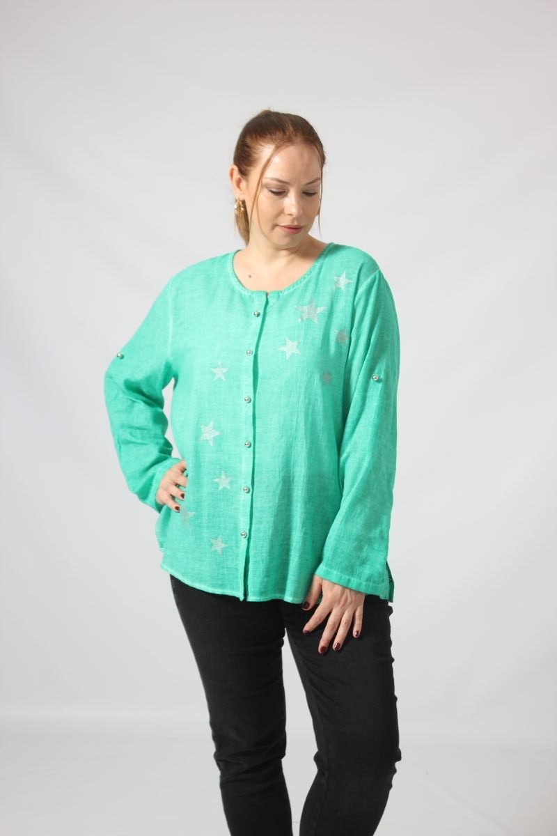 Moda Berray 3294 Yıldız Baskılı Organik Keten Kumaş Mevsimlik Gömlek görsel 8