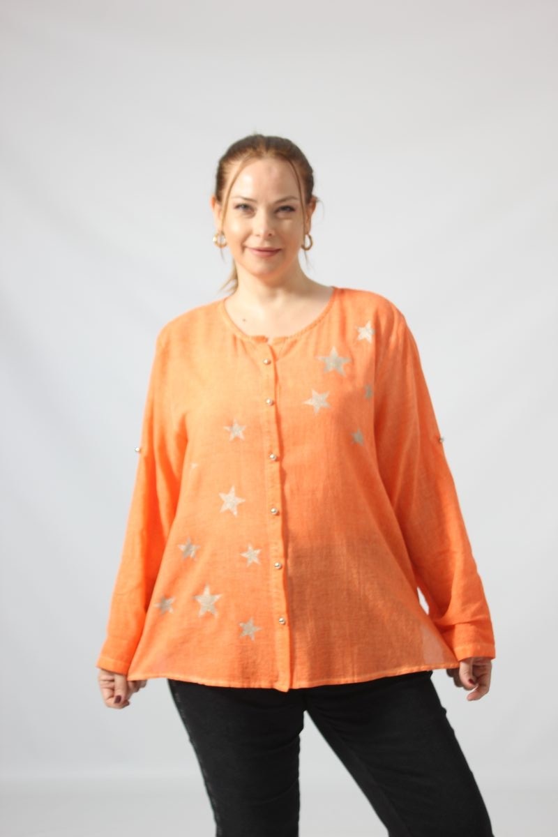 Moda Berray 3294 Yıldız Baskılı Organik Keten Kumaş Mevsimlik Gömlek
