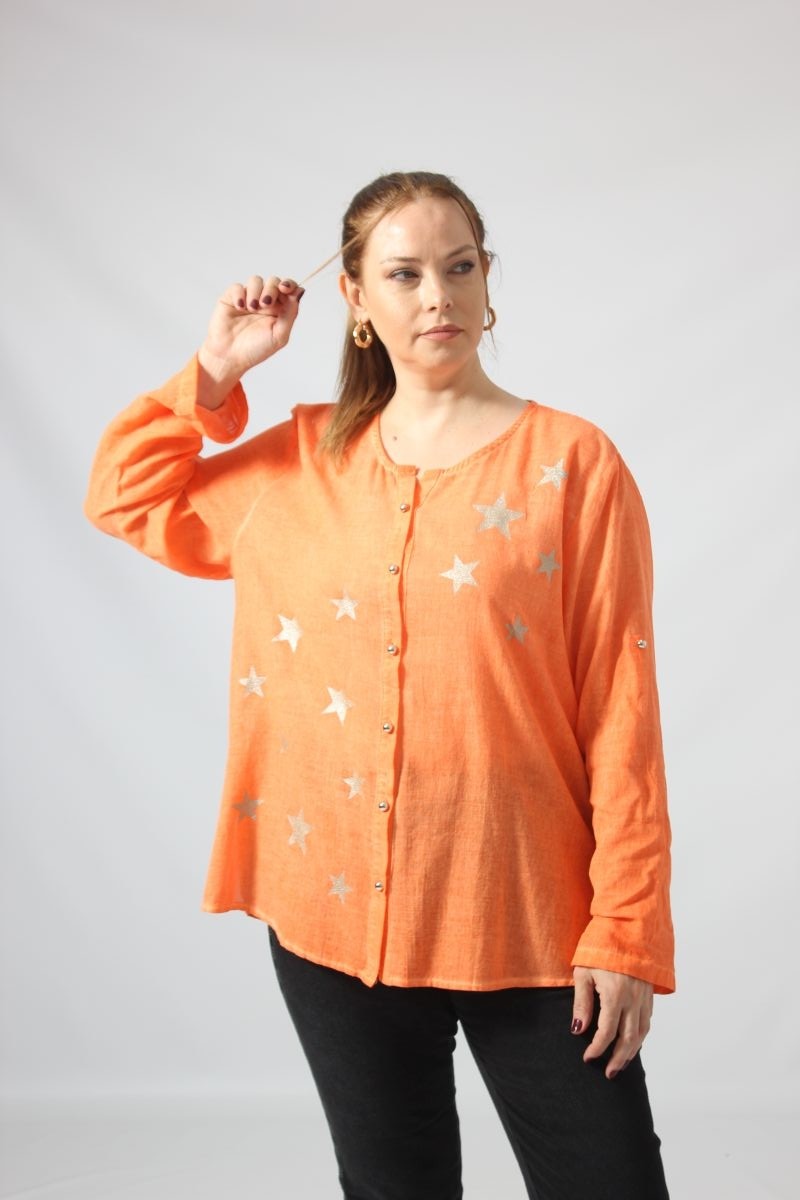 Moda Berray 3294 Yıldız Baskılı Organik Keten Kumaş Mevsimlik Gömlek görsel 2