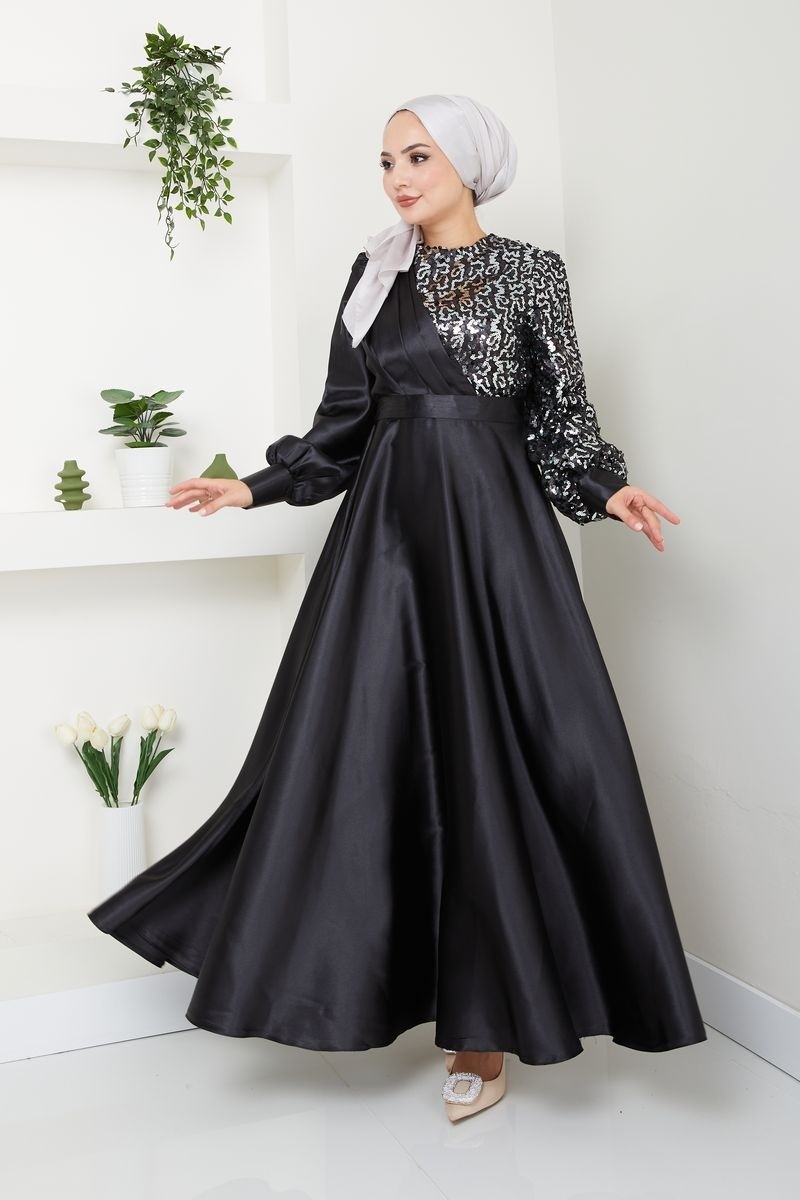 Ayşe Melek Tasarım Kadın Moda Giyim Tesettür Abiye Pul Saten Elbise 2755