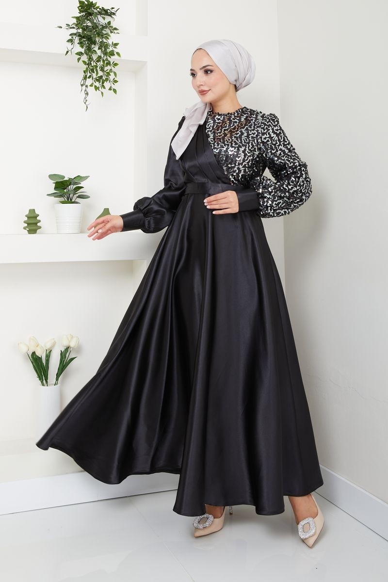 Ayşe Melek Tasarım Kadın Moda Giyim Tesettür Abiye Pul Saten Elbise 2755 görsel 2