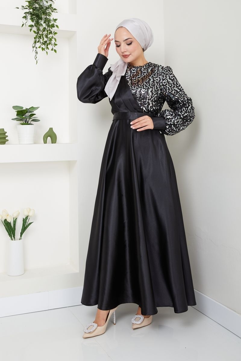 Ayşe Melek Tasarım Kadın Moda Giyim Tesettür Abiye Pul Saten Elbise 2755 görsel 3
