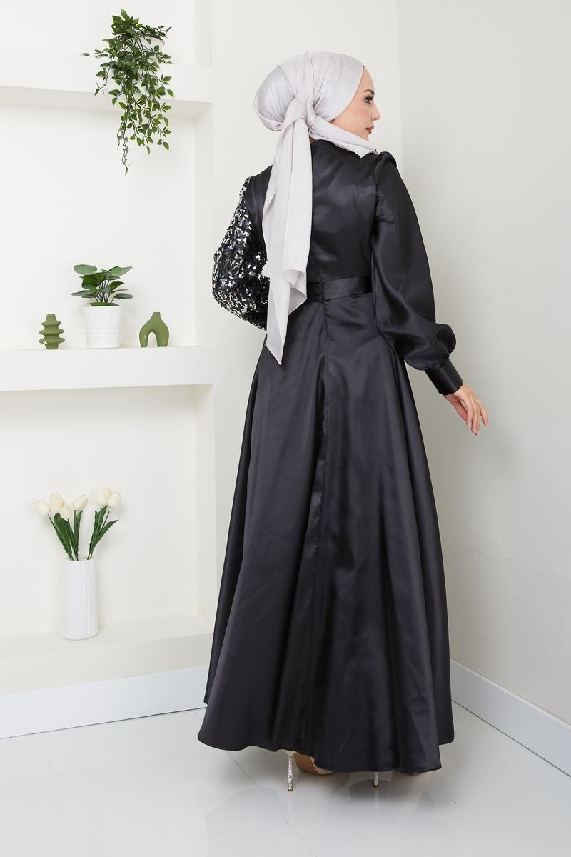Ayşe Melek Tasarım Kadın Moda Giyim Tesettür Abiye Pul Saten Elbise 2755 görsel 4