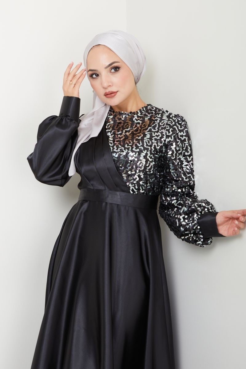 Ayşe Melek Tasarım Kadın Moda Giyim Tesettür Abiye Pul Saten Elbise 2755 görsel 5