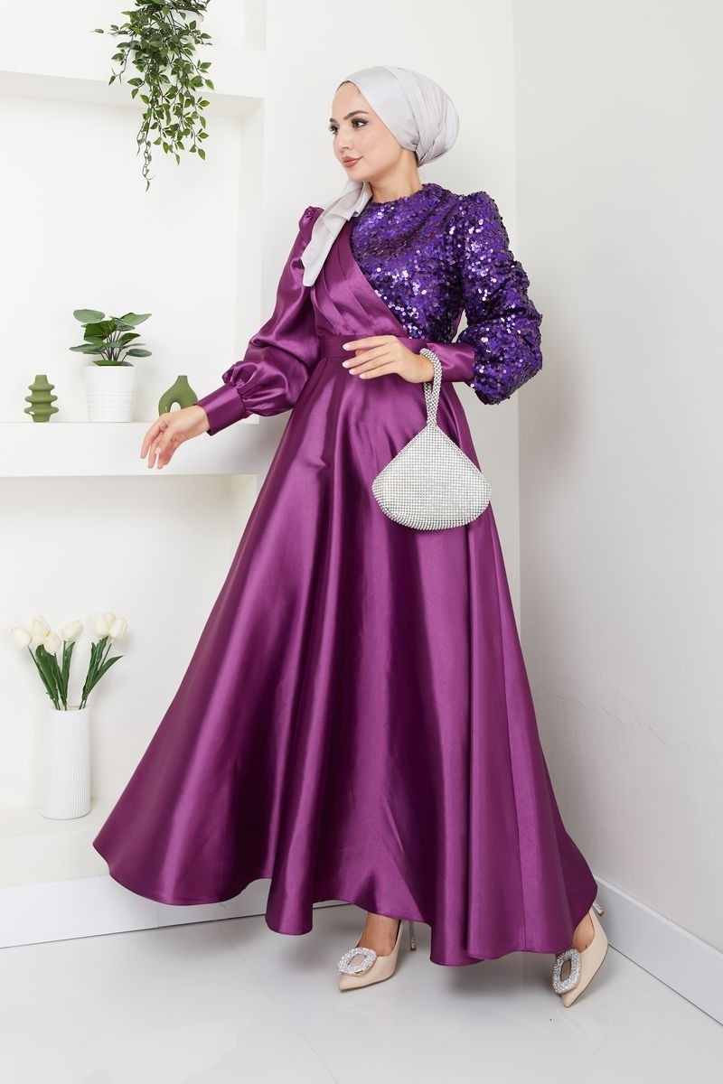 Ayşe Melek Tasarım Kadın Moda Giyim Tesettür Abiye Pul Saten Elbise 2755 görsel 6