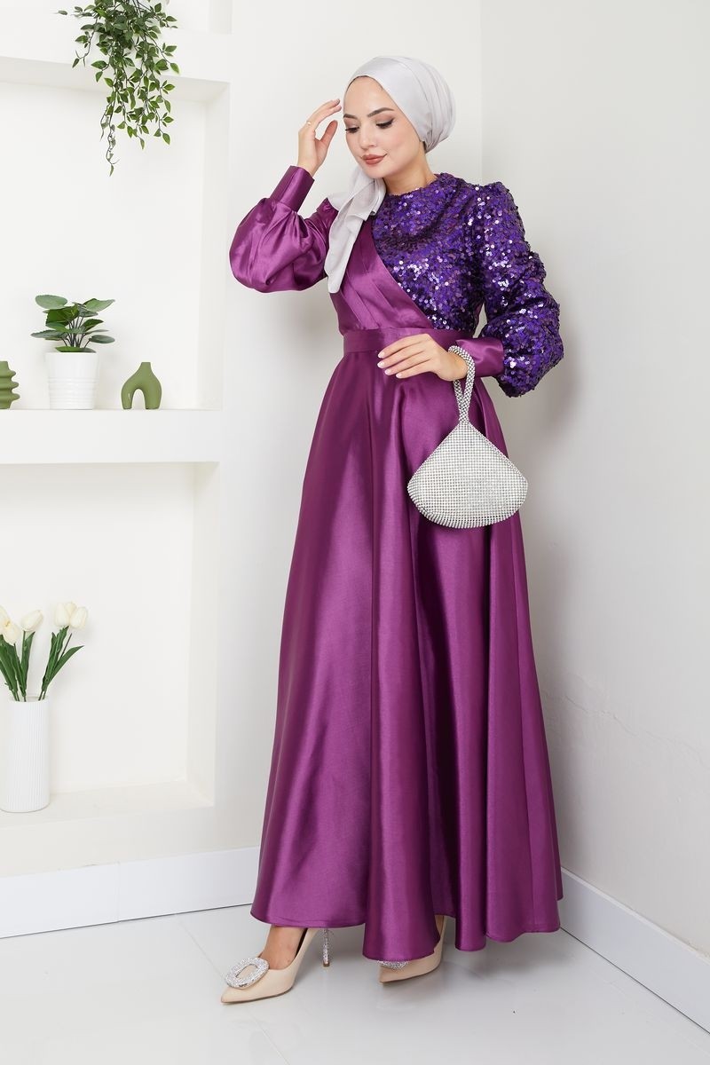 Ayşe Melek Tasarım Kadın Moda Giyim Tesettür Abiye Pul Saten Elbise 2755 görsel 7