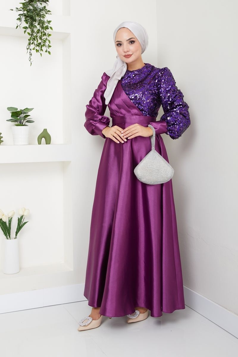 Ayşe Melek Tasarım Kadın Moda Giyim Tesettür Abiye Pul Saten Elbise 2755 görsel 8
