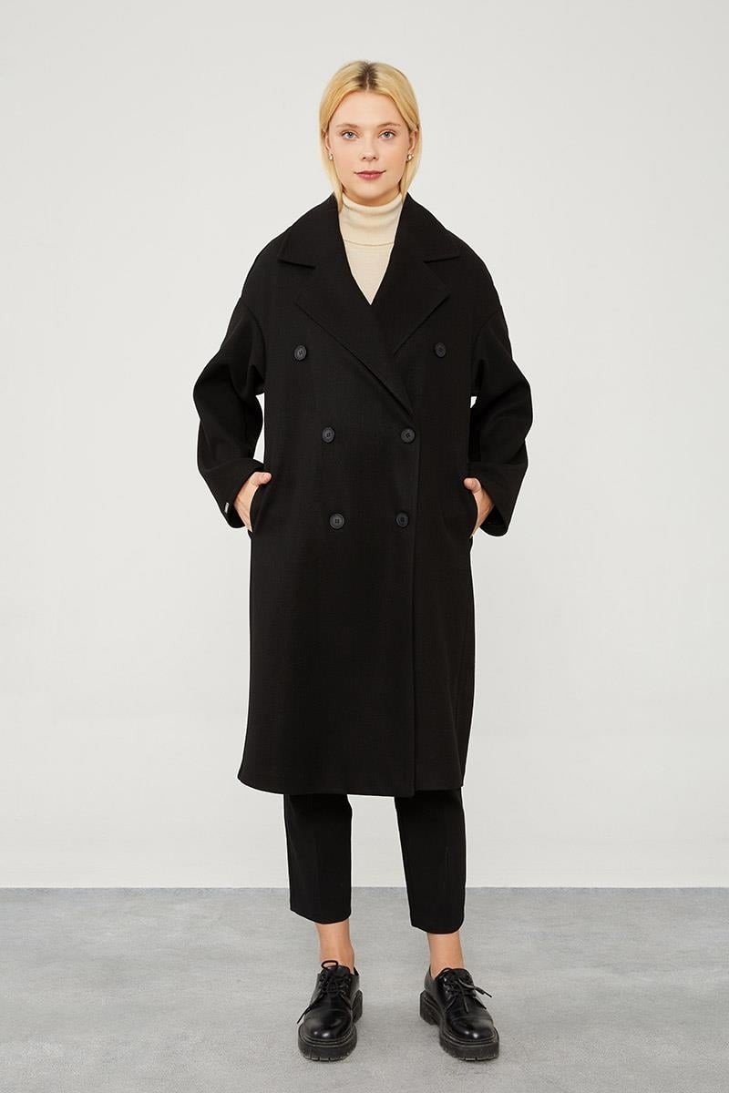 Lêvi D'or Siyah Oversize Astarsız Kaşe Kaban