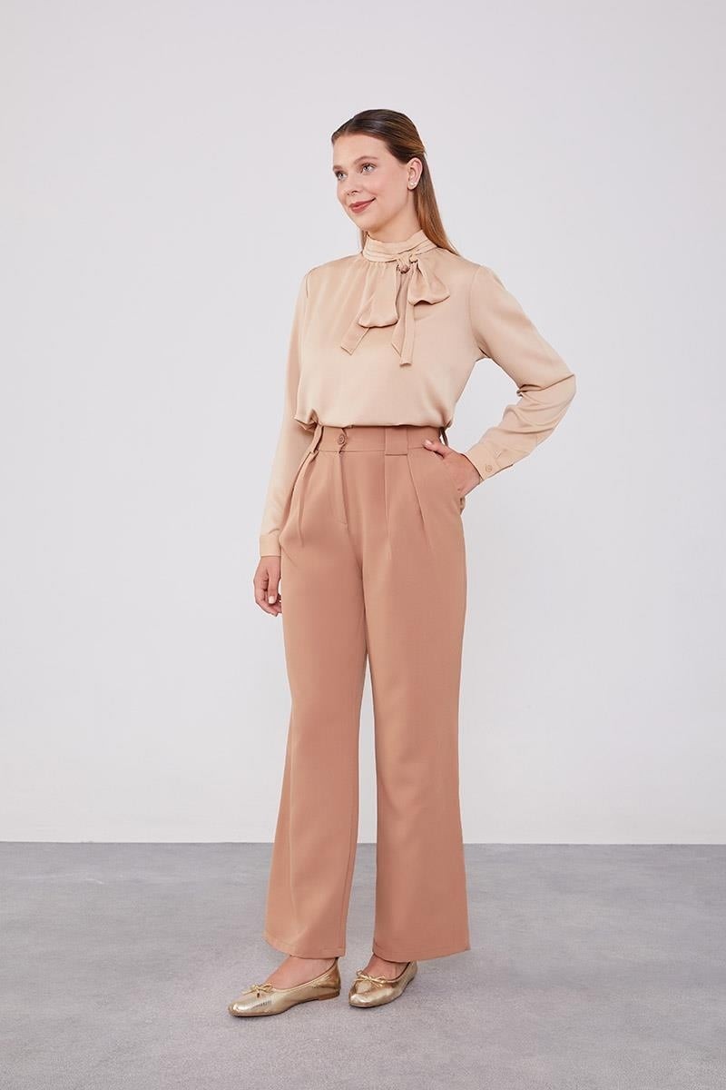 Lêvi D'or Camel Çift Pileli Kumaş Pantolon görsel 2
