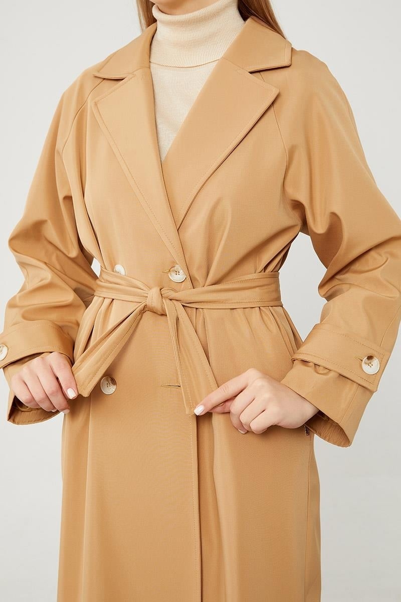 Lêvi D'or Camel Midi Boy Kuşaklı Trençkot görsel 4