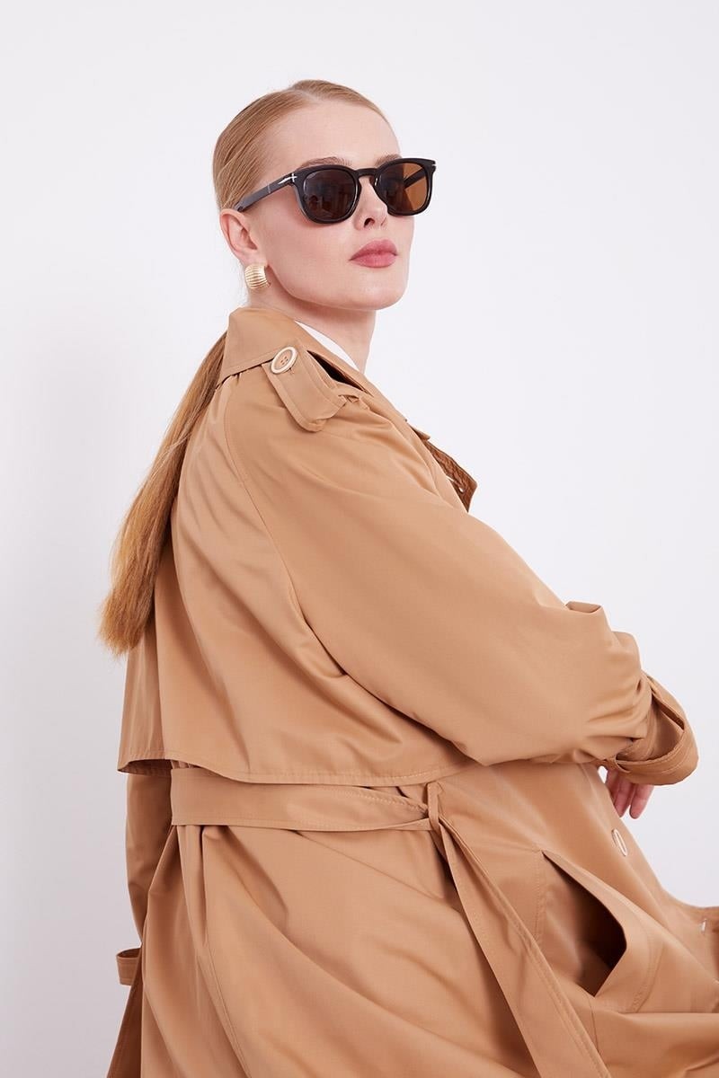 Lêvi D'or Camel Ekose Astarlı Trençkot görsel 4