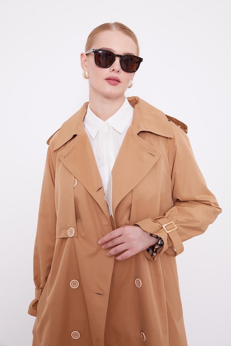 Lêvi D'or Camel Ekose Astarlı Trençkot görsel 5