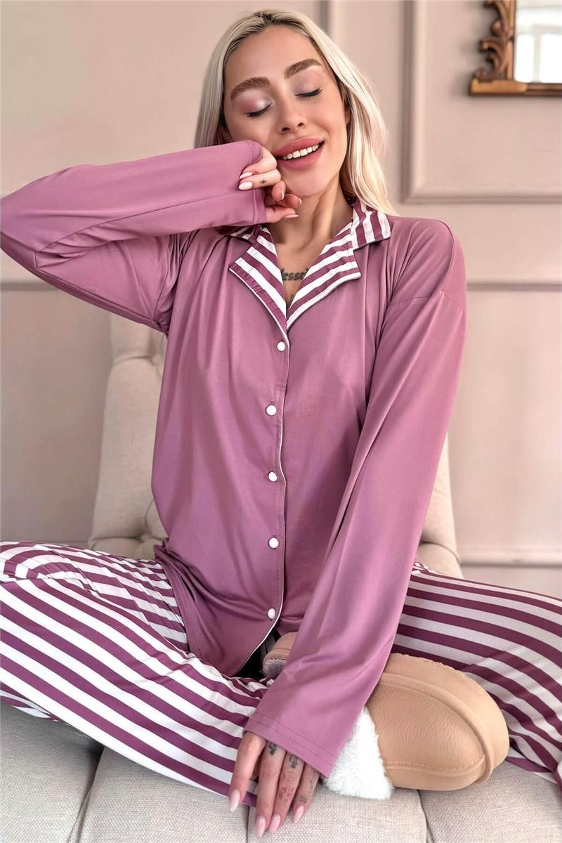 Pijama Evi Yeşil Çiçek Desenli Bambu Önden Düğmeli Uzun Kol Kadın Pijama Takımı