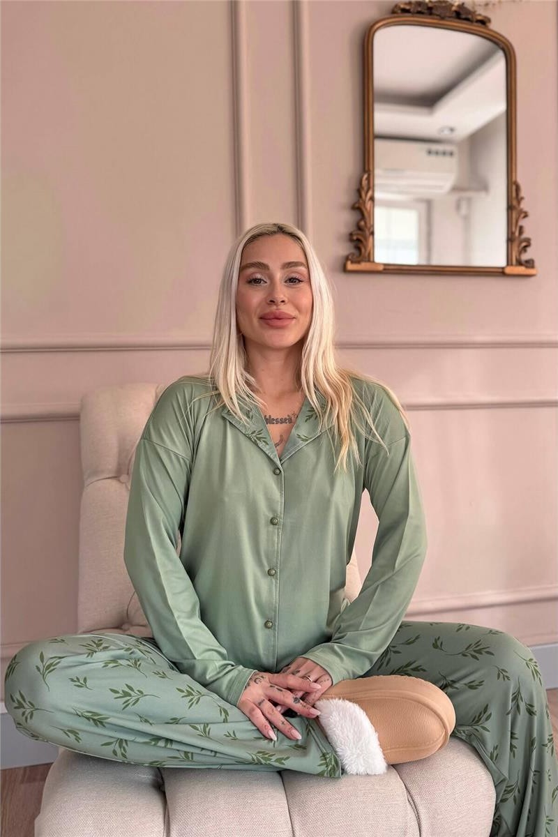 Pijama Evi Yeşil Çiçek Desenli Bambu Önden Düğmeli Uzun Kol Kadın Pijama Takımı görsel 7