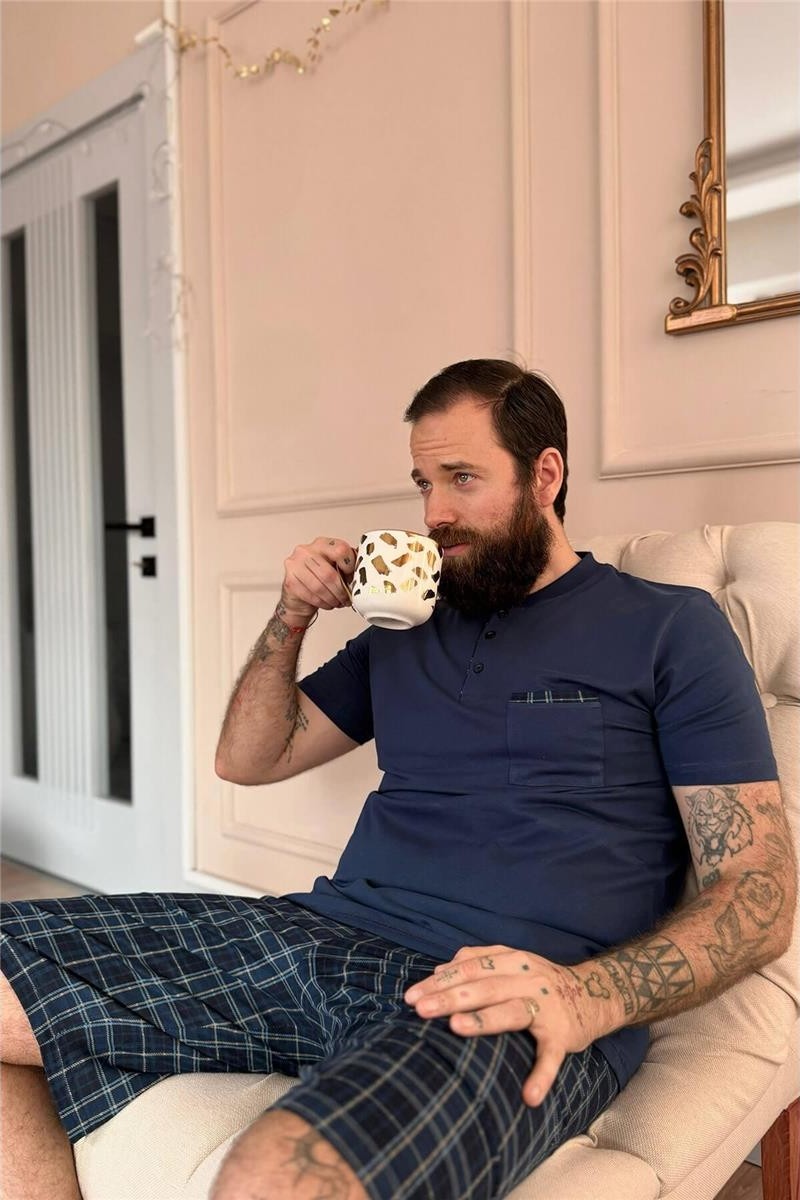 Pijama Evi Lacivert Ekose Cep Detaylı Şortlu Kısa Kollu Erkek Pijama Takımı görsel 4