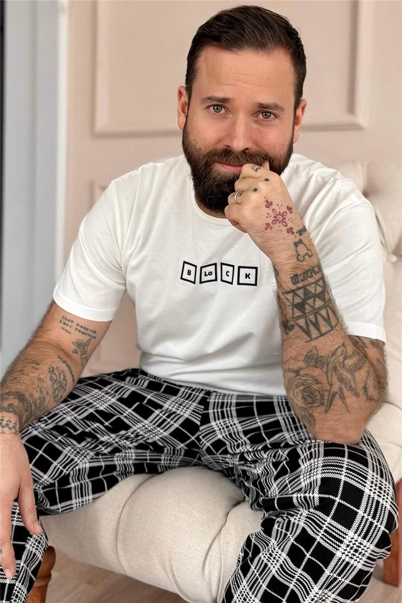 Pijama Evi Siyah Beyaz Ekose Desen Cep Detaylı Kısa Kol Erkek Pijama Takımı