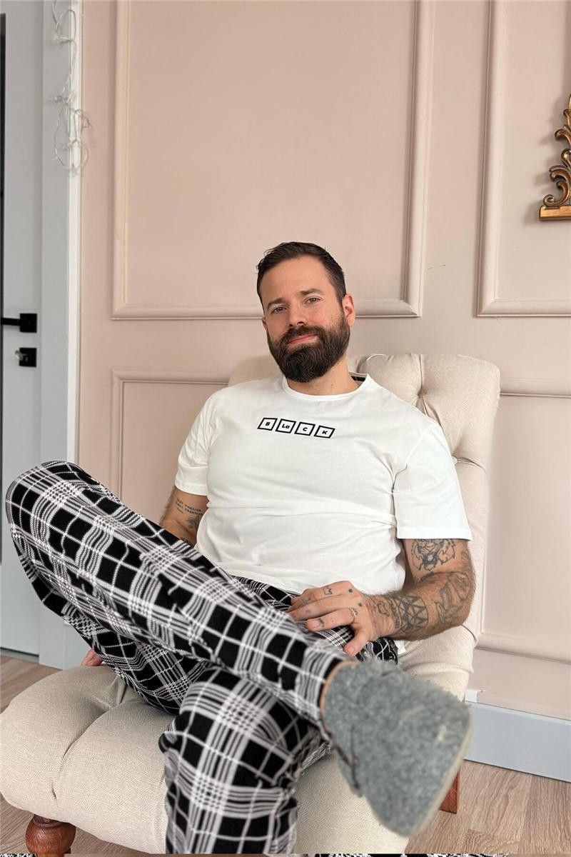 Pijama Evi Siyah Beyaz Ekose Desen Cep Detaylı Kısa Kol Erkek Pijama Takımı görsel 2