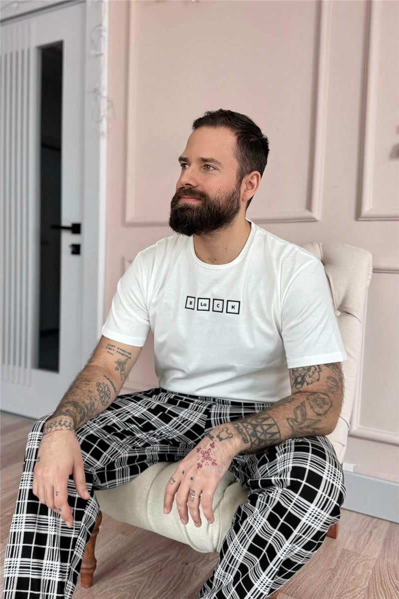 Pijama Evi Siyah Beyaz Ekose Desen Cep Detaylı Kısa Kol Erkek Pijama Takımı görsel 3