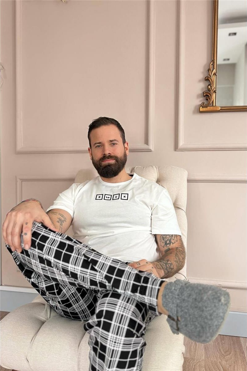 Pijama Evi Siyah Beyaz Ekose Desen Cep Detaylı Kısa Kol Erkek Pijama Takımı görsel 4