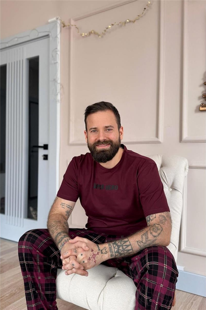 Pijama Evi Siyah Beyaz Ekose Desen Cep Detaylı Kısa Kol Erkek Pijama Takımı görsel 8