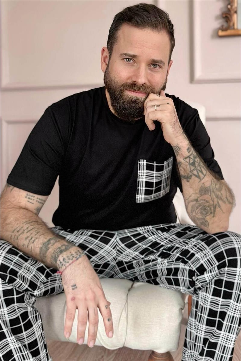 Pijama Evi Siyah Beyaz Ekose Desen Cep Detaylı Kısa Kol Erkek Pijama Takımı