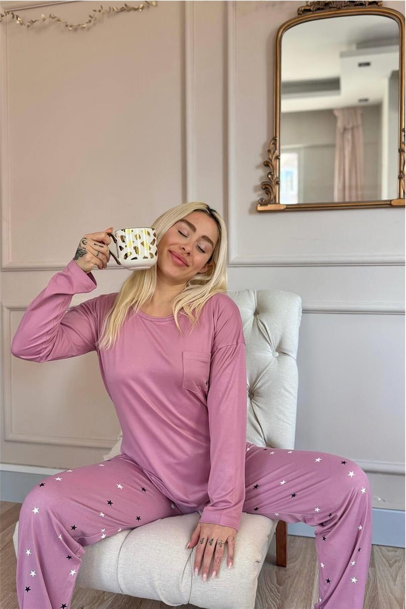 Pijama Evi Bordo Kalp Desenli Bambu Uzun Kol Kadın Pijama Takımı görsel 2