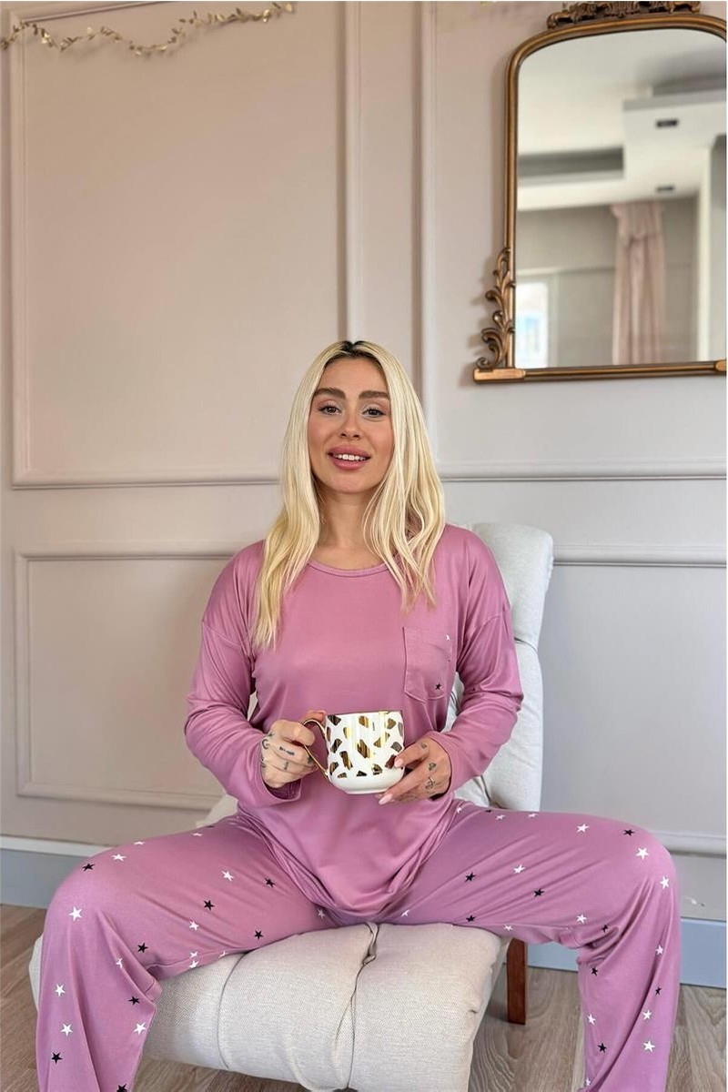 Pijama Evi Bordo Kalp Desenli Bambu Uzun Kol Kadın Pijama Takımı görsel 3