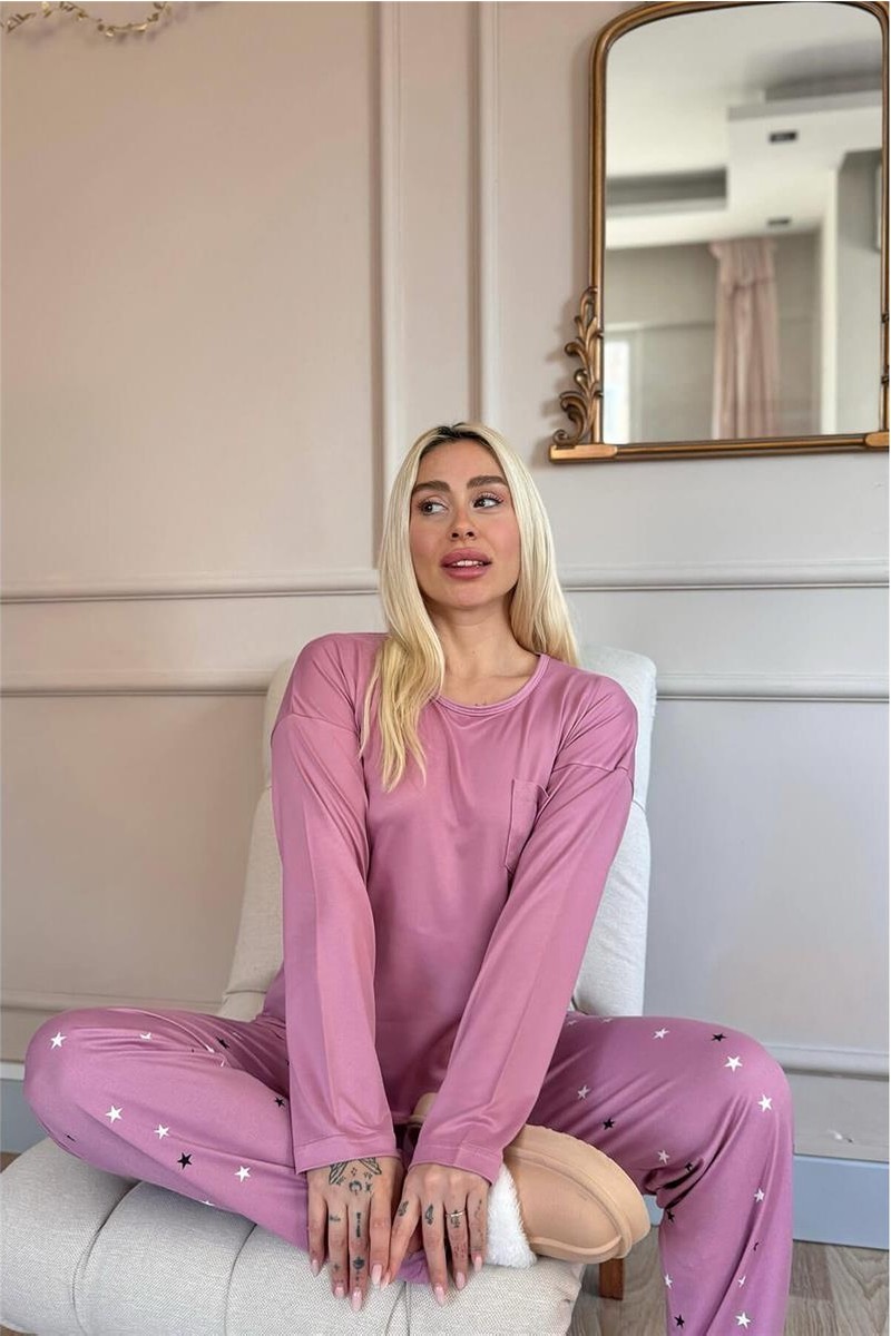 Pijama Evi Bordo Kalp Desenli Bambu Uzun Kol Kadın Pijama Takımı görsel 4