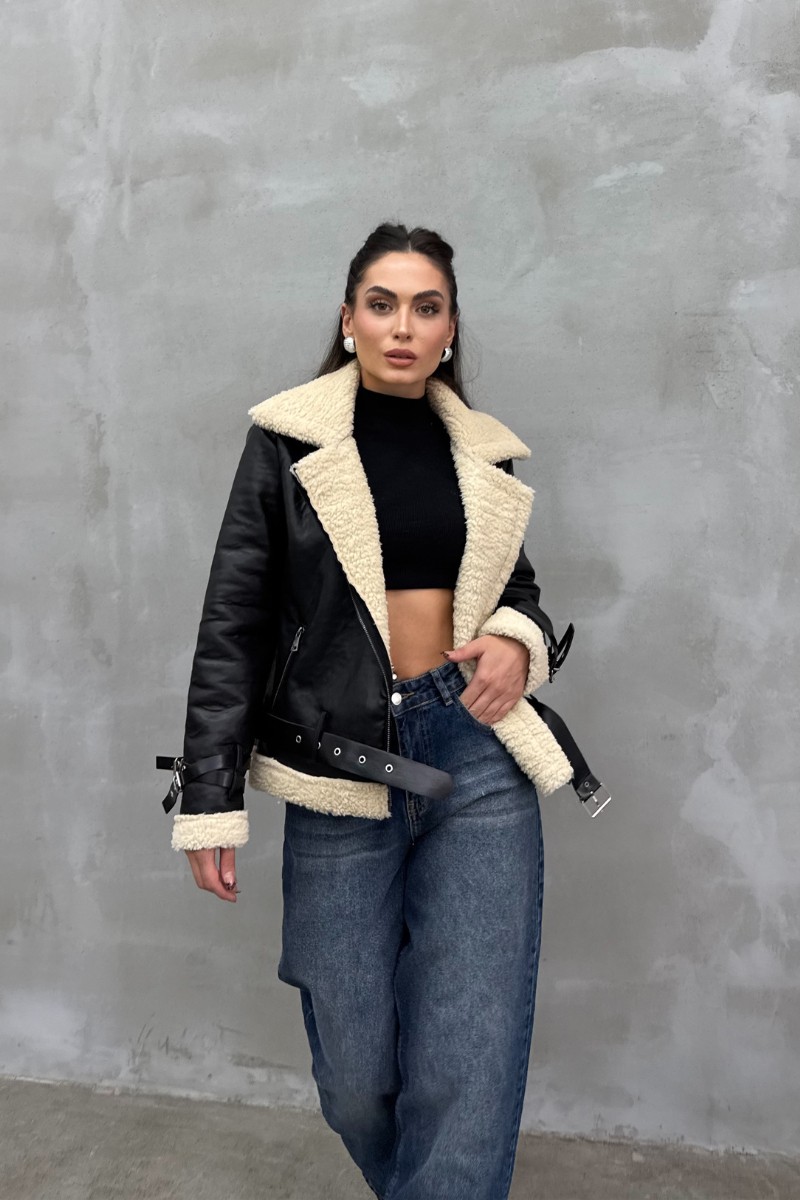 Msm Fashion Siyah Kadın Biker Kısa Ceket İçi Kürklü Uzun Kol Günlük Stil