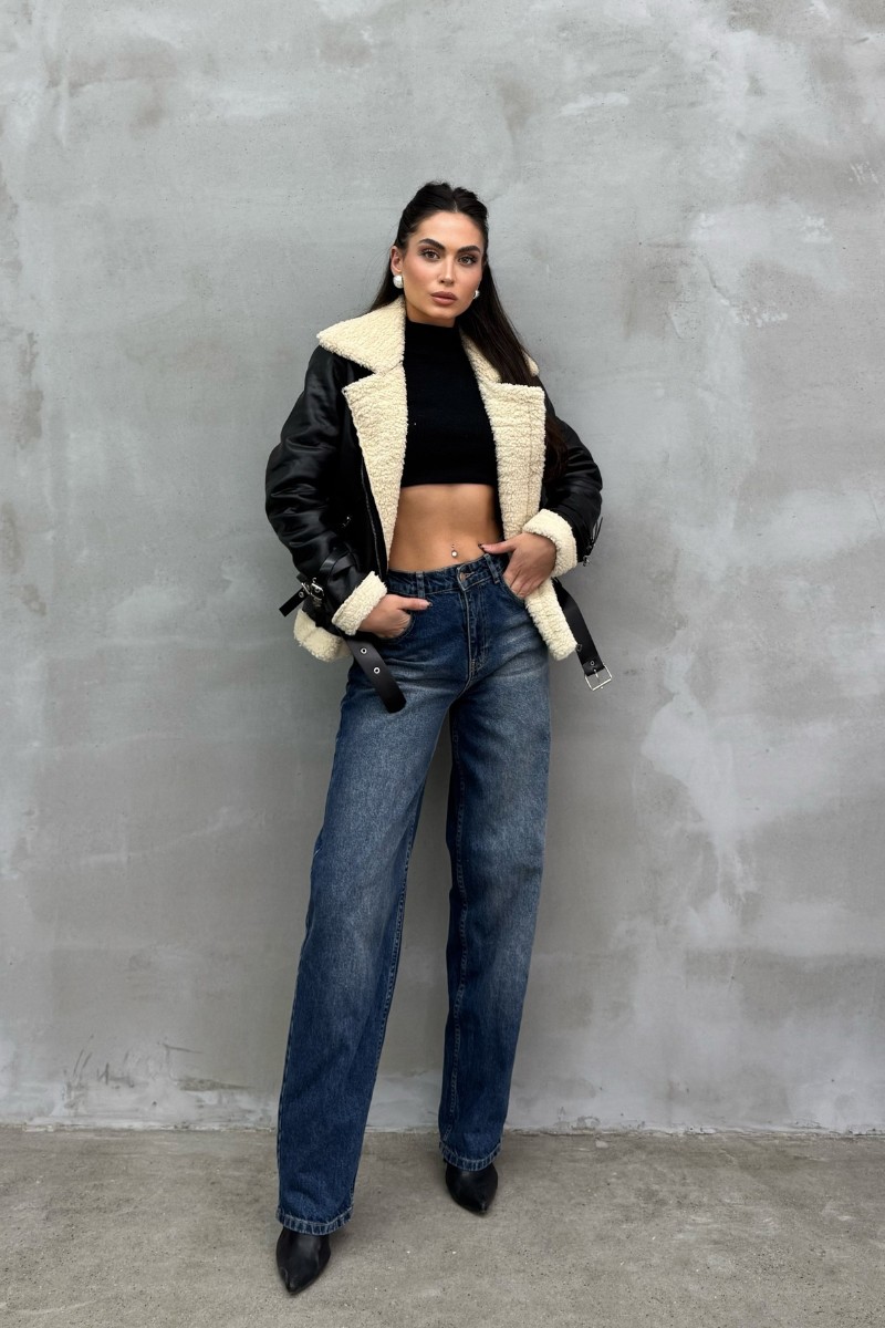 Msm Fashion Siyah Kadın Biker Kısa Ceket İçi Kürklü Uzun Kol Günlük Stil görsel 2