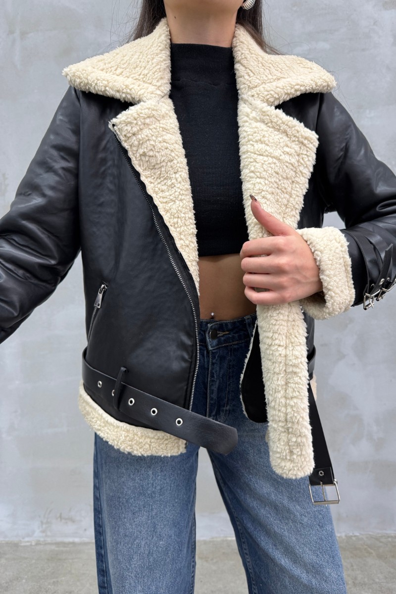 Msm Fashion Siyah Kadın Biker Kısa Ceket İçi Kürklü Uzun Kol Günlük Stil görsel 3