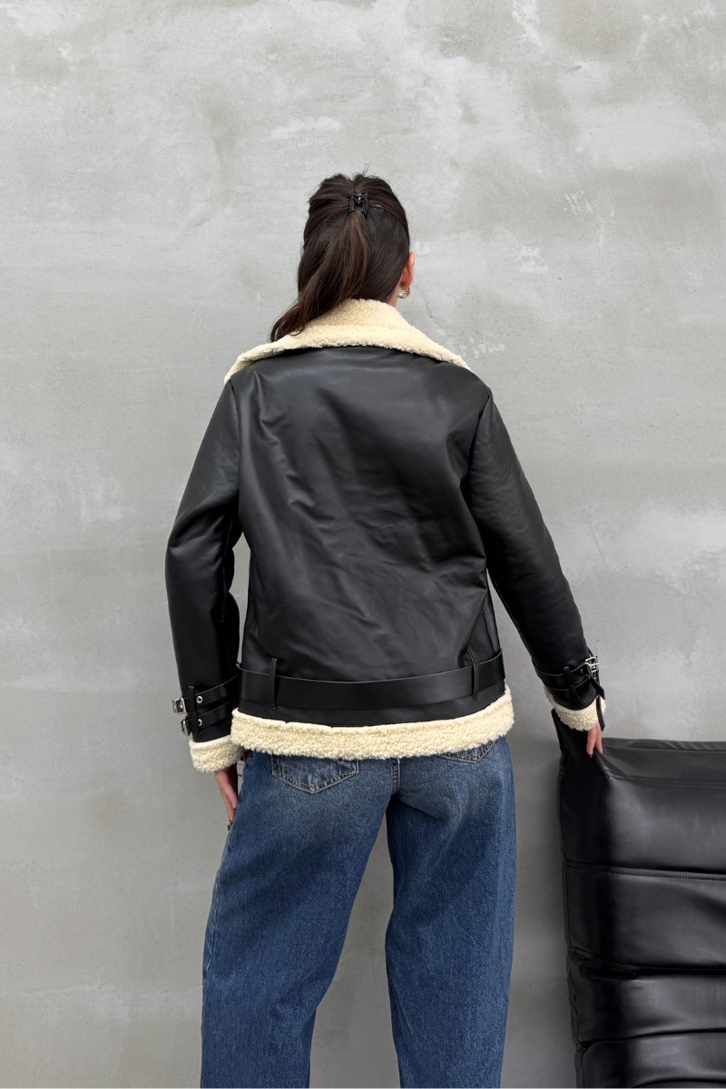 Msm Fashion Siyah Kadın Biker Kısa Ceket İçi Kürklü Uzun Kol Günlük Stil görsel 5