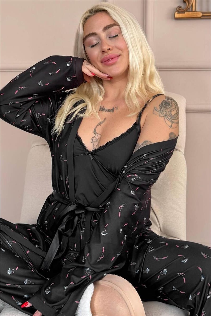 Pijama Evi Lacivert Blossom Exclusive Örme Sabahlıklı Kadın Pijama Takım