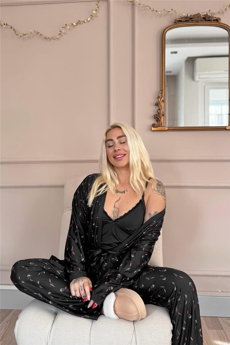 Pijama Evi Lacivert Blossom Exclusive Örme Sabahlıklı Kadın Pijama Takım görsel 2