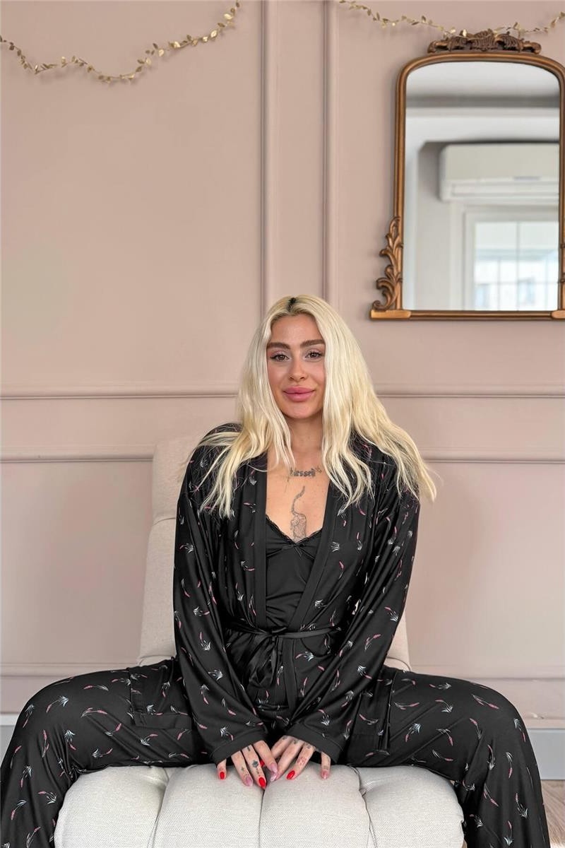 Pijama Evi Lacivert Blossom Exclusive Örme Sabahlıklı Kadın Pijama Takım görsel 3
