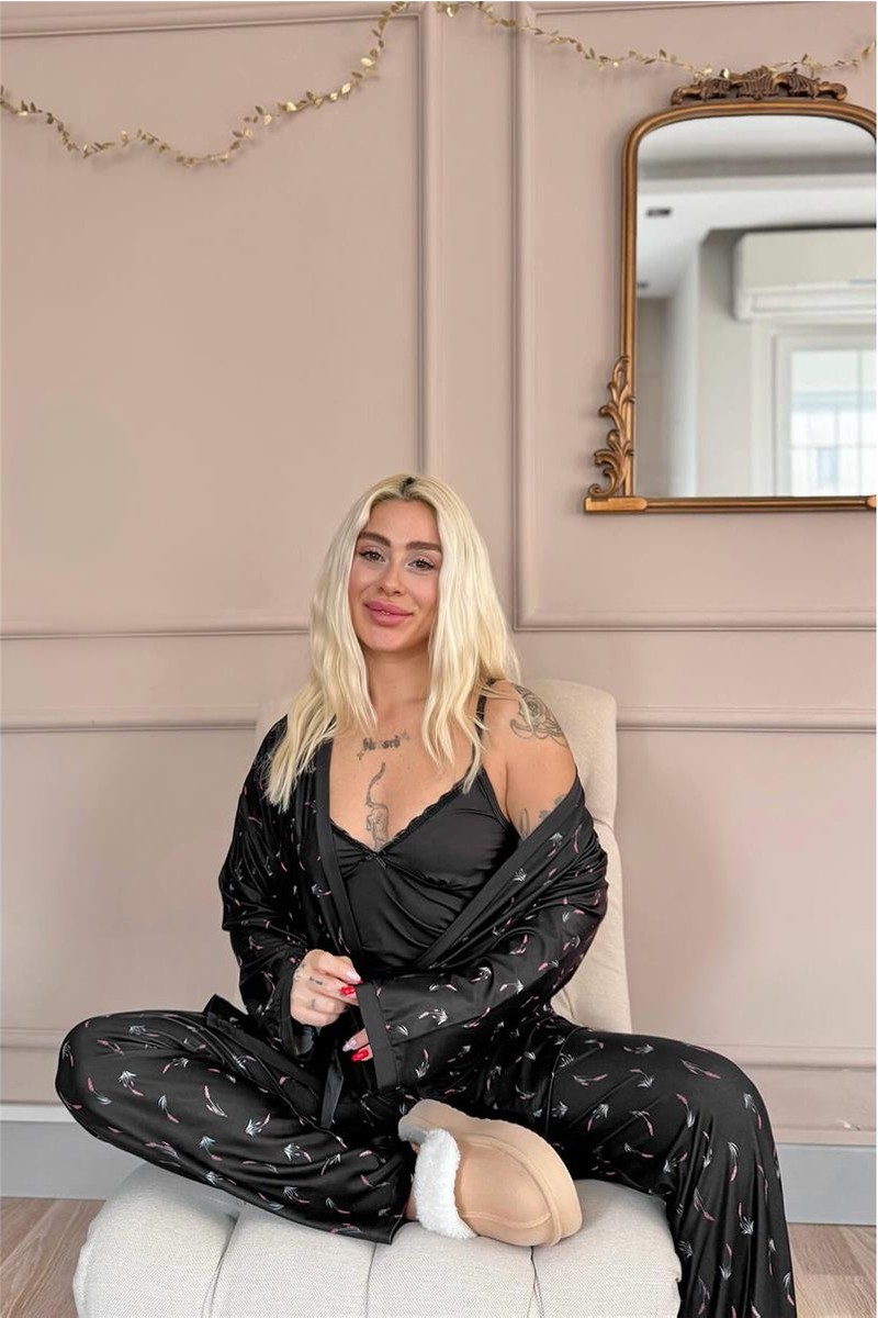 Pijama Evi Lacivert Blossom Exclusive Örme Sabahlıklı Kadın Pijama Takım görsel 4