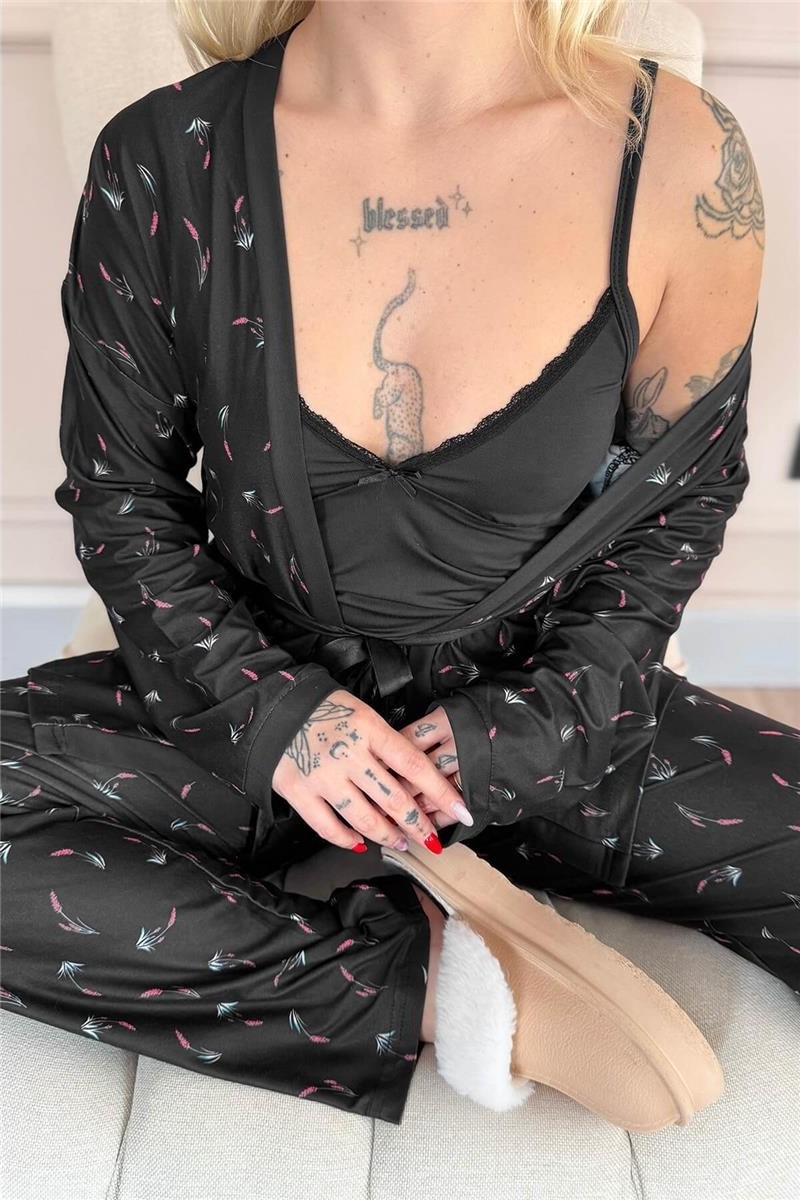Pijama Evi Lacivert Blossom Exclusive Örme Sabahlıklı Kadın Pijama Takım görsel 5