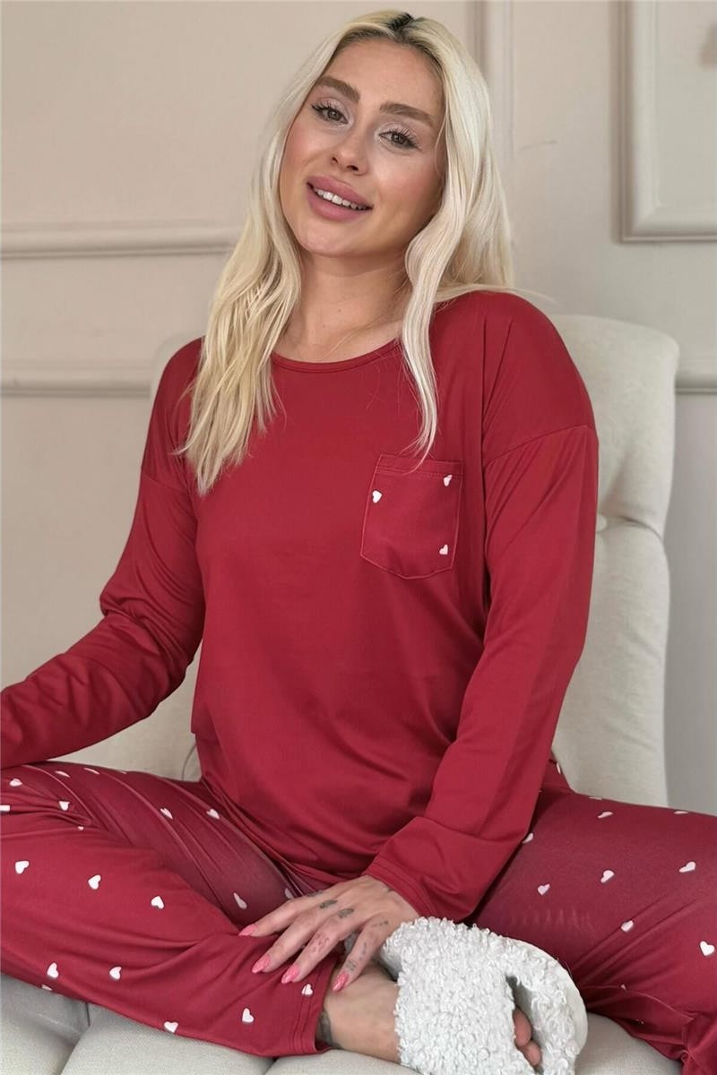 Pijama Evi Bordo Kalp Desenli Bambu Uzun Kol Kadın Pijama Takımı