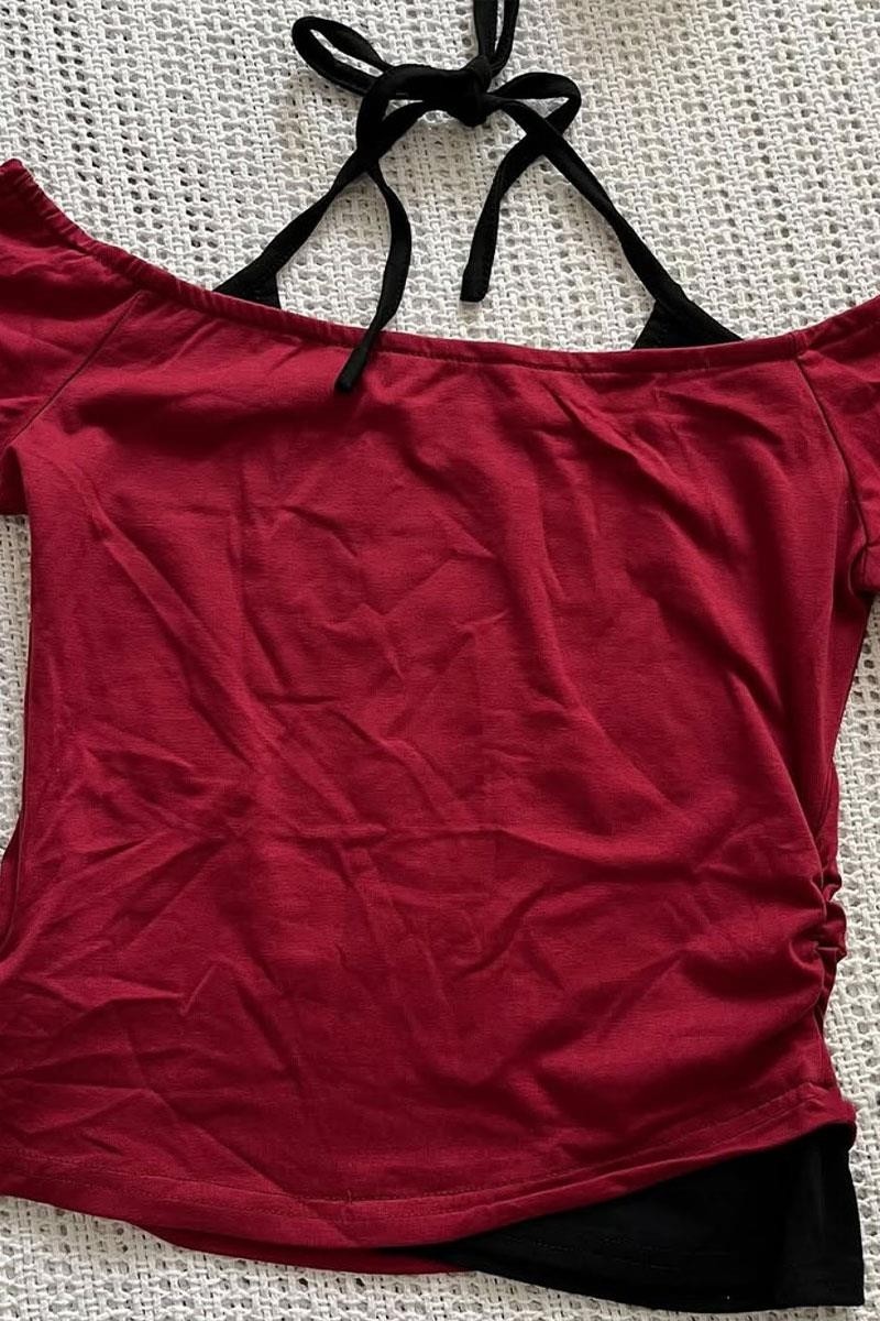 Bordo Skeleton Madonna Yaka Ek Askılı Gotik Y2K Kısa Kollu Full Body Crop görsel 2