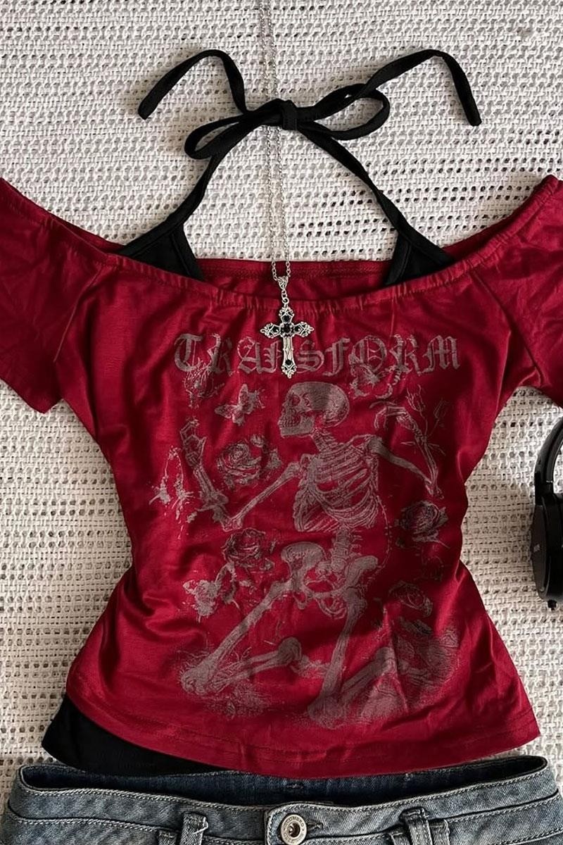 Bordo Skeleton Madonna Yaka Ek Askılı Gotik Y2K Kısa Kollu Full Body Crop görsel 3