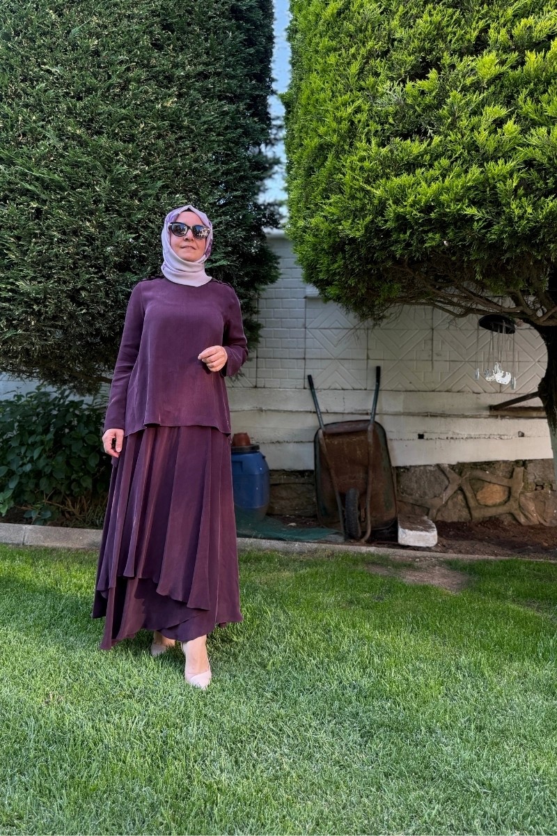 Miss Dalida Asimetrik Kesik Cupro Etek Bordo T25Y-2009 görsel 2