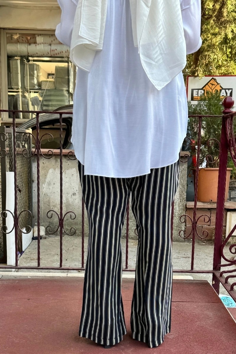Misswhence Kendinden Çizgili Ipek Pantolon Siyah-Beyaz 29120 görsel 3