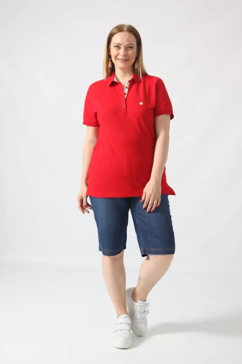 Moda Berray 21305 Kısa Kollu Büyük Beden Lakost Kumas T-Shirt Kırmızı görsel 2