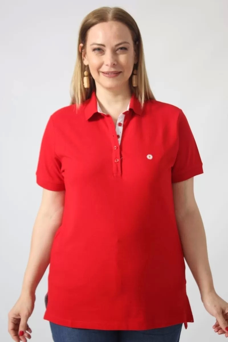 Moda Berray 21305 Kısa Kollu Büyük Beden Lakost Kumas T-Shirt Kırmızı görsel 3