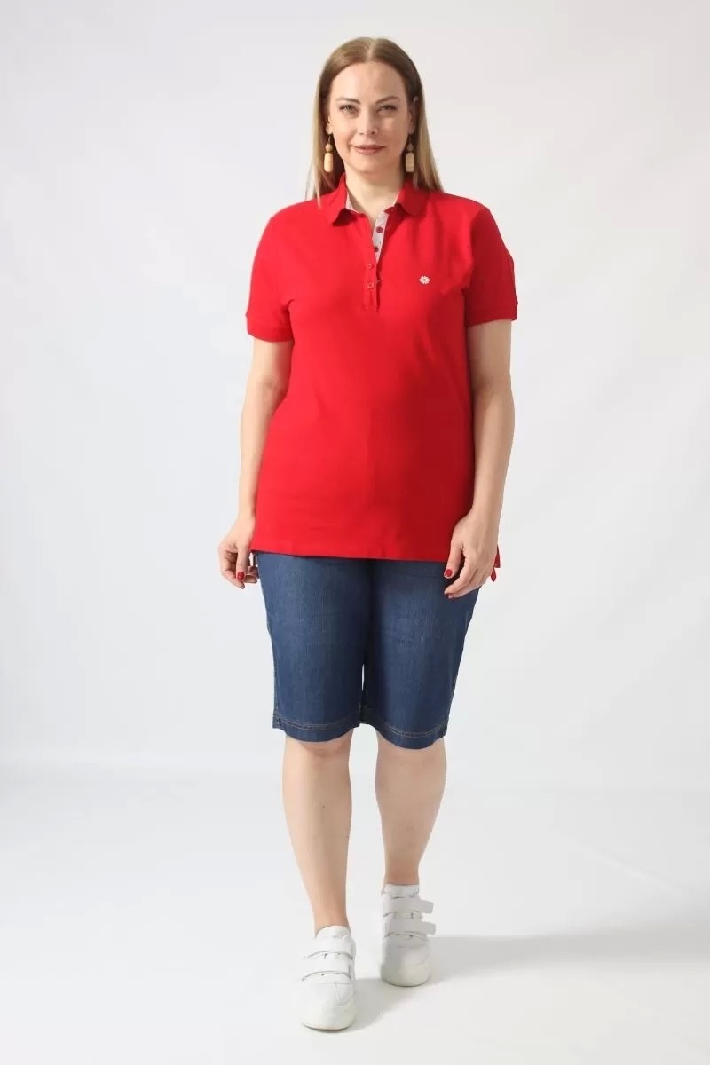 Moda Berray 21305 Kısa Kollu Büyük Beden Lakost Kumas T-Shirt Kırmızı görsel 4